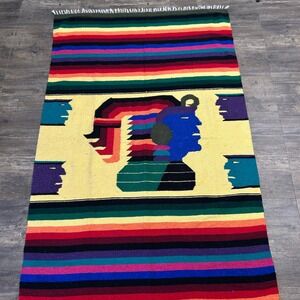 Vintage‎ Mayan Inca Aztec Warrior Blanket Fringe Bright Color Striped Native